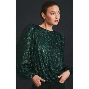 Anthropologie Flat White Sequin Top Women Green Preppy Holiday Retro Sz XSP NWT